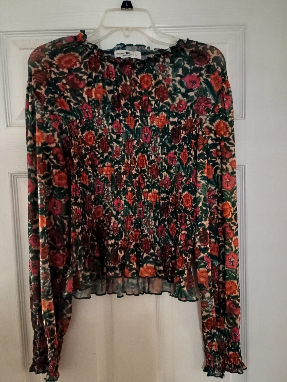 NATURAL LIFE Green Multicolor Smocked Floral Long Sleeve Top